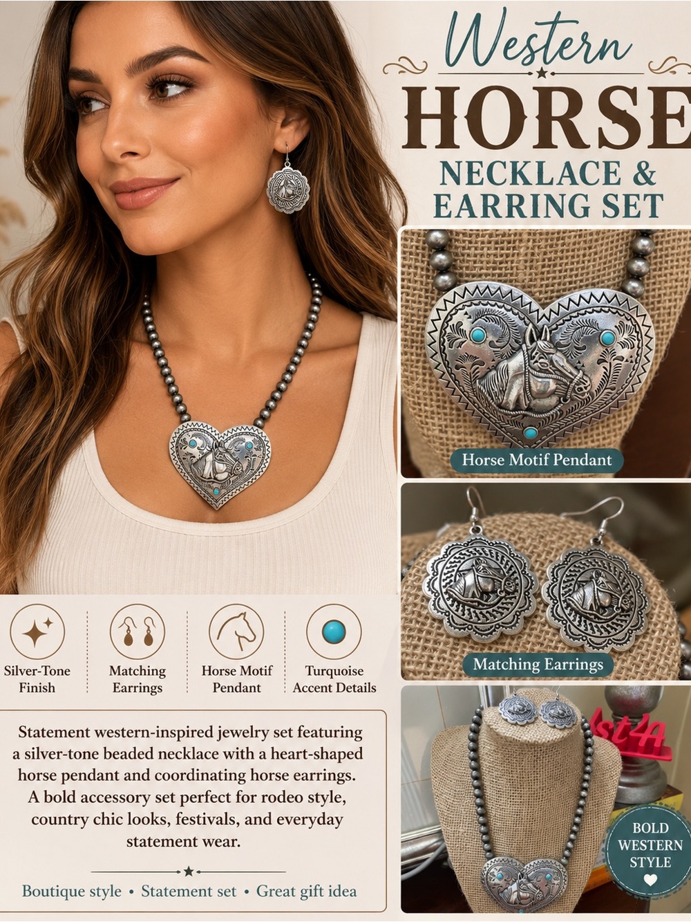 💥NWOT-Western Silver-Tone Horse Heart Necklace & Earring Set - Turquoise Accent